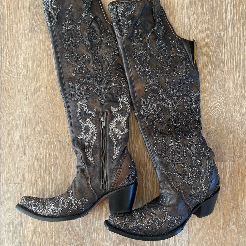 Corral C3926 BLACK GLITTER OVERLAY EMBROIDERY BROWN Tall cowboy boot  size 10